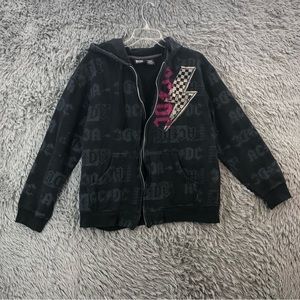 AC DC Band Jacket Hoodie Womens Large Rockware 80s Logo Spellout Pockets Rock